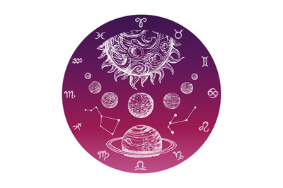 Color hand drawn astrology concept with Zodiac signs and planetary sys