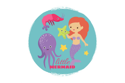 Cute cartoon little mermaid card vector template