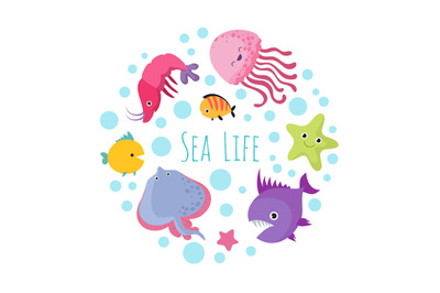 Cute cartoon sea life animals isolated on white background