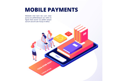 Girls buy books in mobile app with credit card vector concept