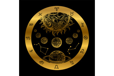 Golden astrology concept with planets isolated on black background