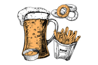 Hand drawn glass of beer and snacks vector illustration