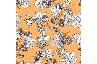 Hand drawn hop and foliage seamless pattern