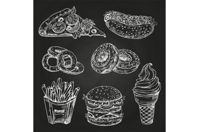 Hand drawn popular fast food on blackboard vector illustration