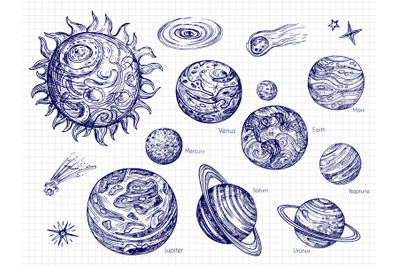 Hand drawn Solar system and space elements vector design