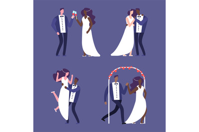 Interracial marriage&2C; wedding couples vector illustration characters