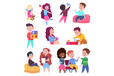 Little children play toys and chat. Cartoon character kids vector isol