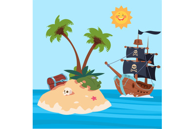 Pirates ship and treasures island vector illustration