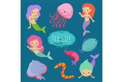 Sea life cartoon character animals and mermaids vector design