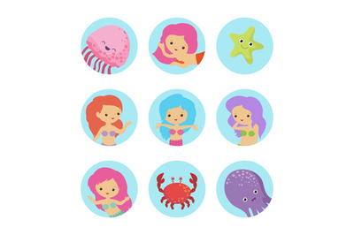 Sealife cartoon characters icons vector of set