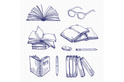 Sketch books and stationery. Vintage library doodle vector collection