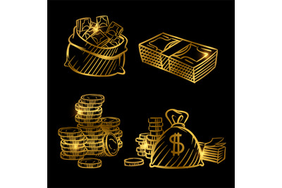 Sketch of money. Golden vector coins and money isolated on black backg