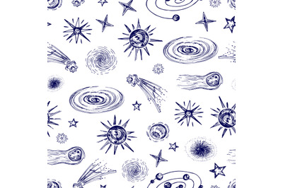 Space elements, planets, stars, asteroids seamless pattern