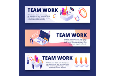 Team work vector banners template with isometric people