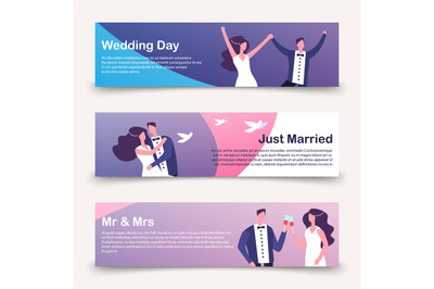 Wedding banners vector template with cartoon character