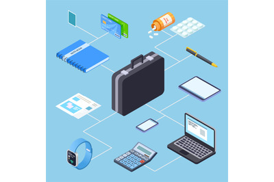 Business person suitcase and its contents isometric vector illustratio