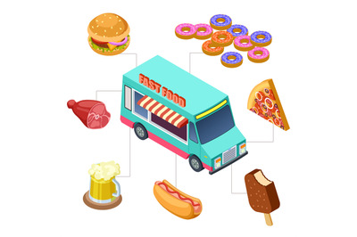 Isometric fast food truck, burger, donuts, beer, bbq vector elements