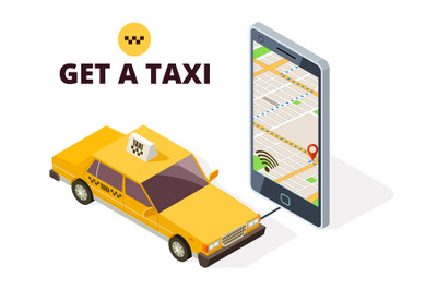 Isometric mobile taxi and gps city map. Navigation system for taxi and