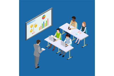 Isometric presentation at the economic forum, economics lesson or busi