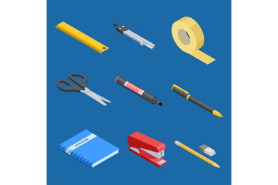 Isometric stationery and office tools vector elements