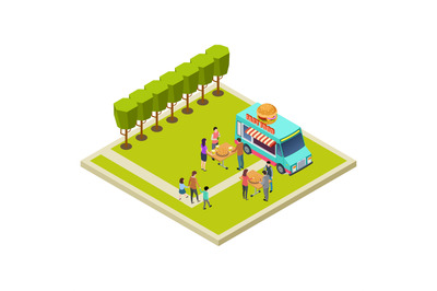 Neighborhood party in the park with burgers isometric vector location