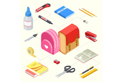 Vector illustration of isometric stationeries and school backpacks