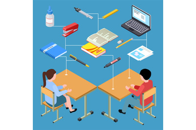 Workplace of modern students isometric vector design