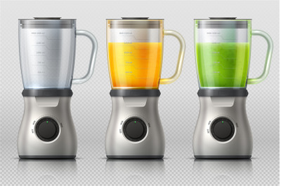 Juicer. Kitchen blender with orange and apple juice, drink mixer reali