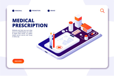 Pharmacy isometric landing page. Pharmacist and customer buying pills