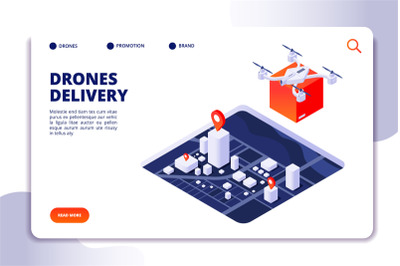 Drone logistics isometric concept. Future delivery technology, shipmen