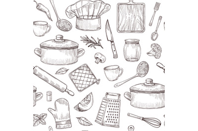 Kitchen tools seamless pattern. Sketch cooking utensils hand drawn kit