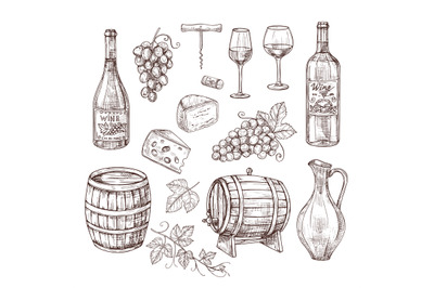 Sketch wine set. Grape, wine bottles and wineglass, barrel. Hand drawn