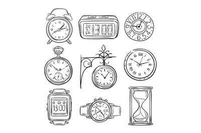 Sketch clock. Doodle watch, alarm and timer, sand clock hourglass. Han