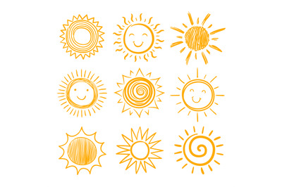 Sketch sun icons. Hand drawn sunshine. Summer morning sunrise. Doodle