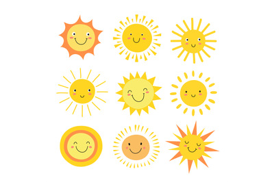 Sun emoji. Funny summer sunshine, sun baby happy morning emoticons. Ca