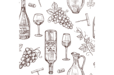 Sketch wine seamless pattern. Wine bottles wineglass corkscrew and gra