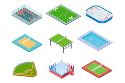 Sport fields isometric. Sports playgrounds handball soccer water area