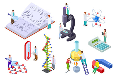 Isometric science set. Scientist and student with huge chemistry and p