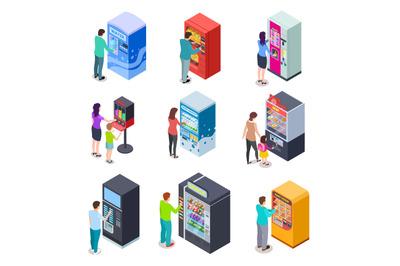 Isometric vending machine and people. Customers buy snacks, soda drink