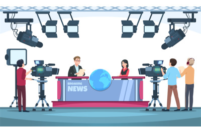 News tv show studio. Presenters broadcasting with cameraman on televis