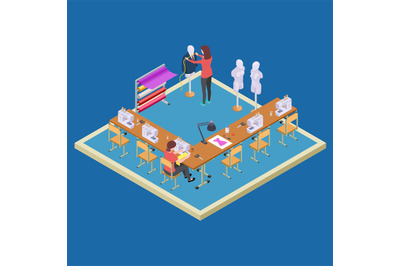 Coworking space for designers. Isometric atelier class vector concept