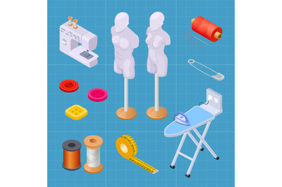 Sewing factory isometric set, sewing equipments vector collection