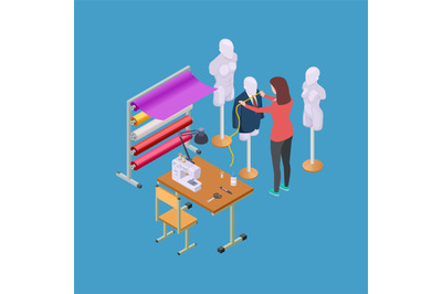 Sewing workshop, atelier and seamstress or designer isometric vector i