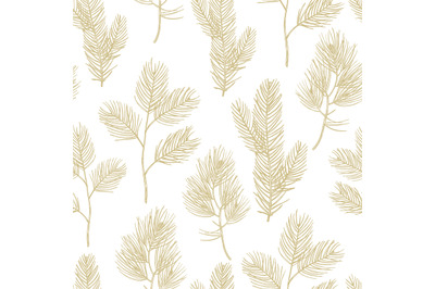 Hand drawn golden fir branches seamless pattern background