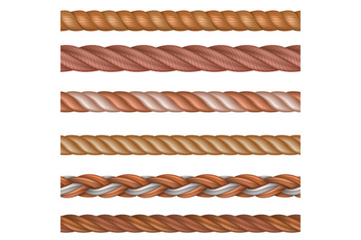 Realistic seamless rope and nautical cables vector set isolated on whi