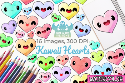 Kawaii Hearts Watercolor Clipart, Instant Download