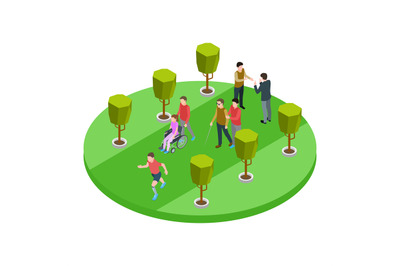 Volunteers and disabled people walk isometric vector