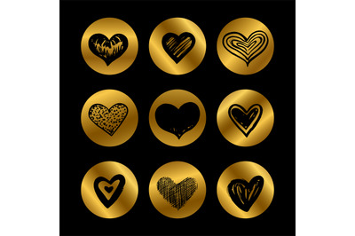 Gold icons with hand drawn black hearts vector set