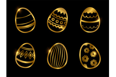 Golden decorative eggs icons isolated on black background