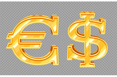 Golden vector dollar and euro signs isolated on transparent background